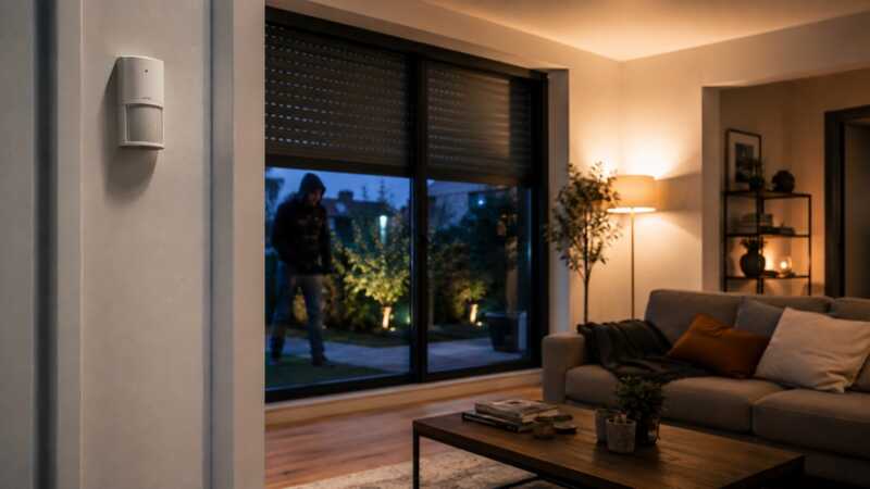 Détecteur d’alarme connecté dans un salon, avec volets fermés et lumières allumées face à une intrusion