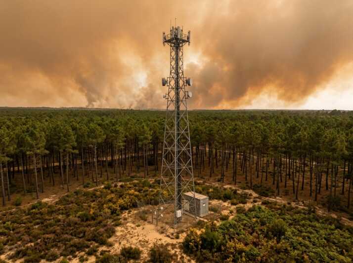 Antenne relais au milieu d'une forêt de pins des Landes avec un panache de fumée d'incendie à l'arrière-plan.