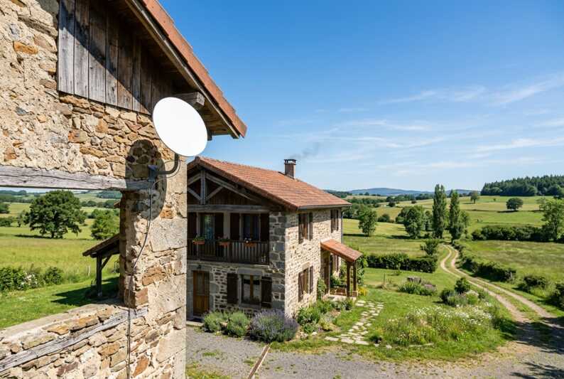 Antenne satellite internet fixée sur le mur d'une maison en zone rurale sous un ciel dégagé.