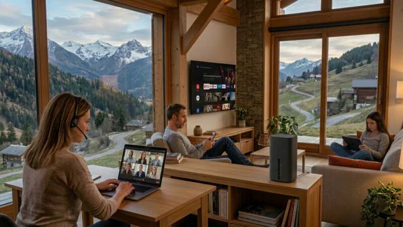 Famille dans un salon avec vue sur montagne, utilisant une box 5G de SFR, un ordinateur et une tablette.