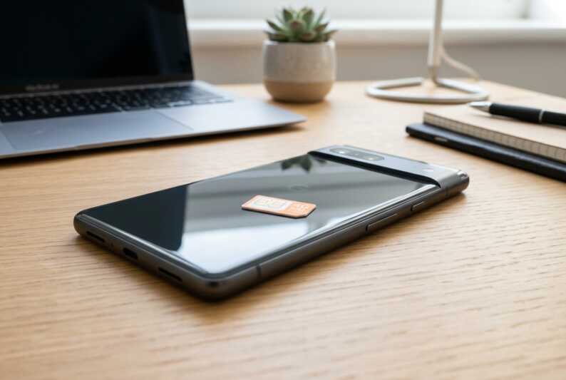 Carte SIM 4G posée sur un smartphone sur un bureau.