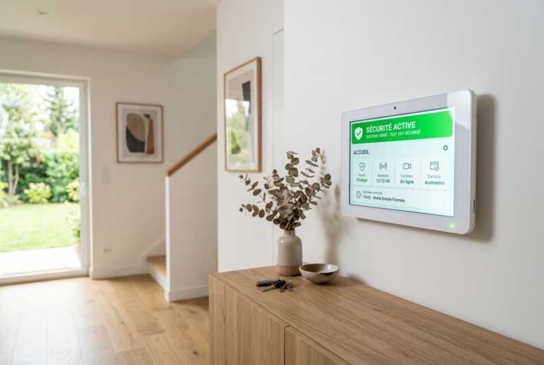 Écran de centrale d'alarme connectée affichant une notification de sécurité active en vert dans une maison.