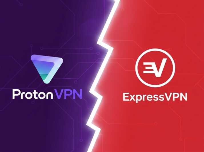 Comparaison des logos Proton VPN à gauche et ExpressVPN à droite sur un fond divisé en deux couleurs.