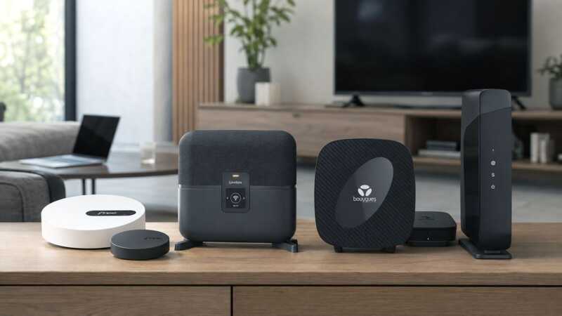 Les box de Free, Orange, Bouygues Telecom et SFR/RED alignées sur le meuble dans un salon