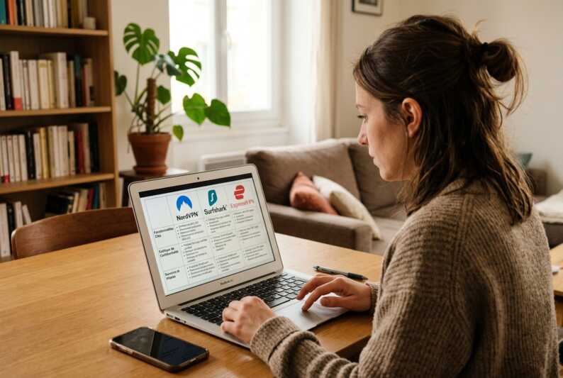 Un internaute compare les logos de NordVPN, Surfshark et ExpressVPN sur un écran d'ordinateur.