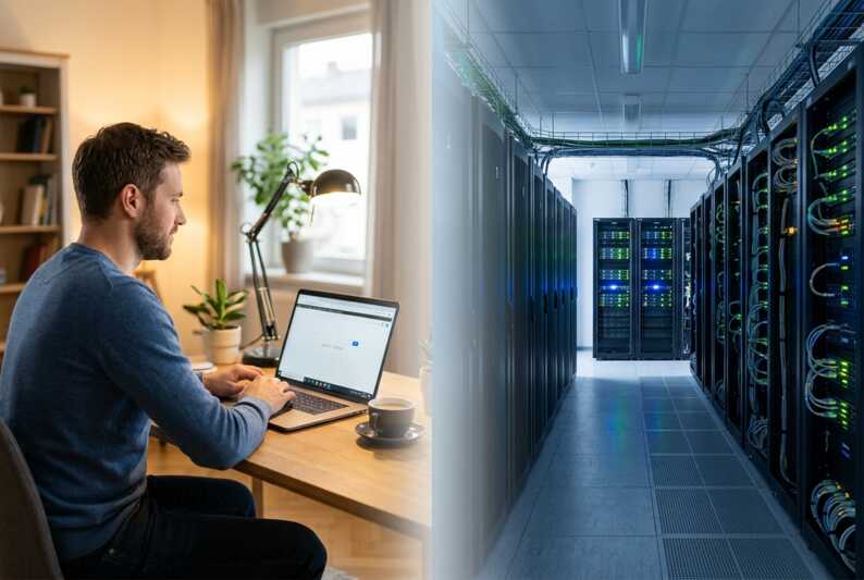 Vue scindée montrant un homme utilisant un ordinateur portable à gauche et des serveurs de datacenter à droite.