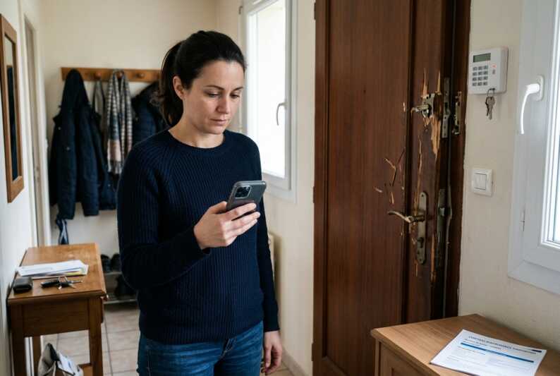 Propriétaire consultant un document d'assurance sur son smartphone devant une porte d'entrée forcée.