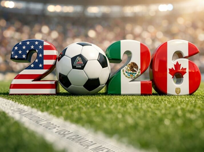 Ballon de football sur une pelouse avec les chiffres 2026 aux couleurs des USA, du Mexique et du Canada.