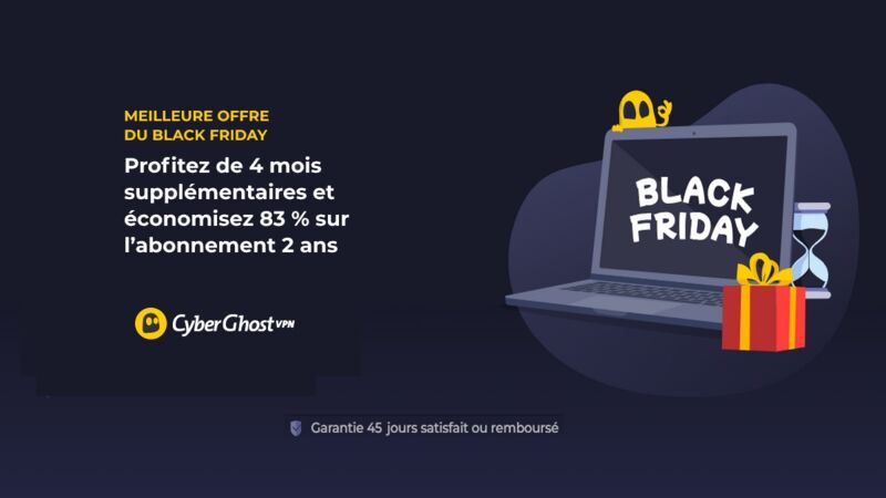 Pour le Black Friday, Cyberghost VPN propose une remise exceptionnelle de 83%.