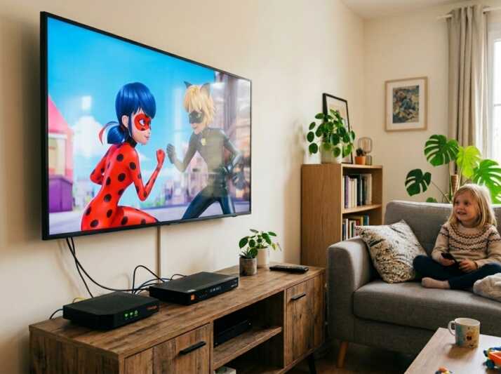 Enfant assis sur un canapé regardant un dessin animé sur une télévision fixée au mur dans un salon.