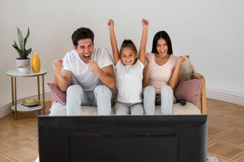famille devant box TV d'orange