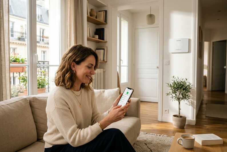 Une femme sourit en regardant une application de domotique sur son smartphone dans un appartement moderne.