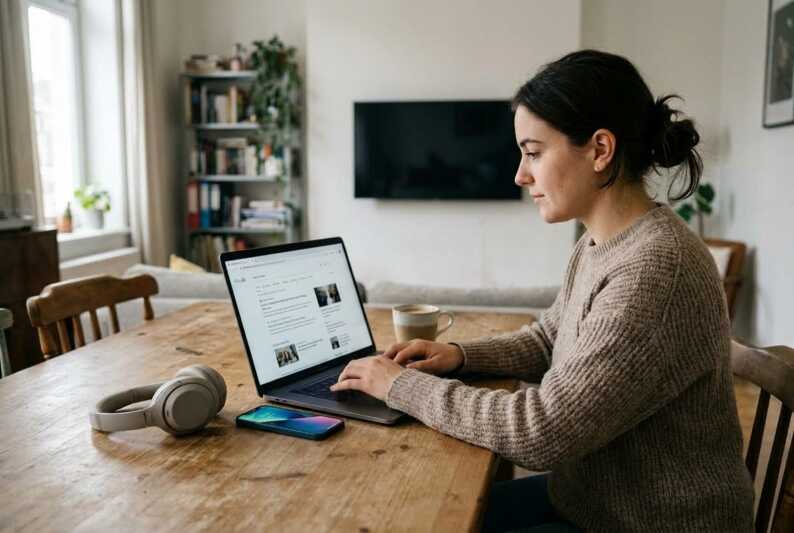 Une femme assise à une table en bois navigue sur internet avec un ordinateur portable.