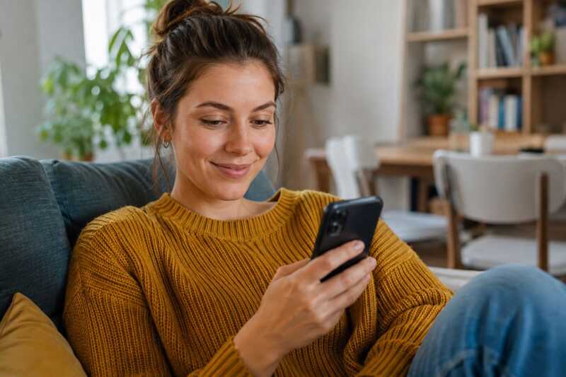 Une femme regarde son smartphone l'air contente