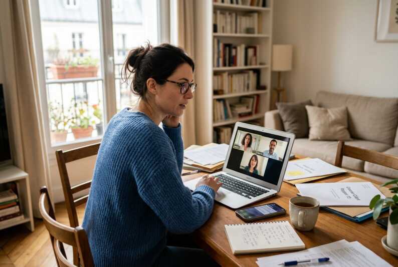 Femme en visioconférence sur ordinateur portable avec documents et smartphone sur une table de salon.
