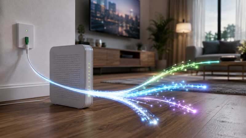 Fibre optique reliée à une box Internet avec plusieurs flux lumineux symbolisant les réseaux GPON, XGS-PON et 10G-EPON