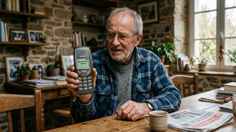 Un homme regarde son téléphone GSM sur lequel un message "Réseau indisponible" l'informe que le réseau 2G d'Orange est coupé