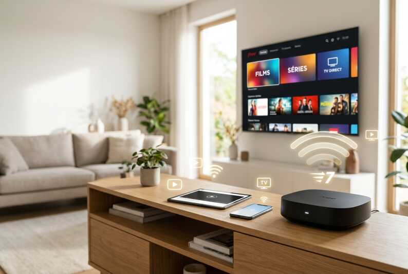 Freebox Pop noire posée dans un salon avec une télévision, un smartphone et une tablette en arrière-plan.