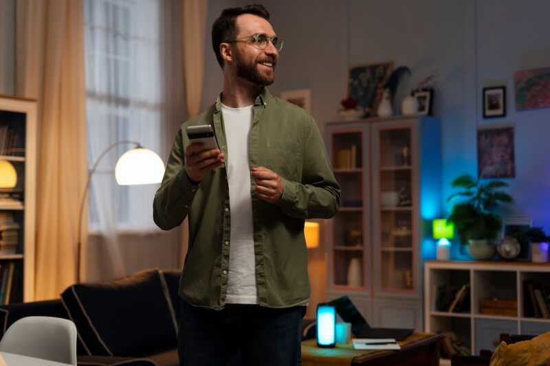 homme content d'utiliser son smartphone