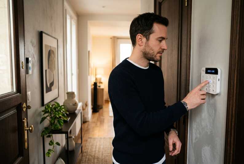 Un homme saisit un code sur le digicode d'une alarme Ring dans une entrée d'appartement.