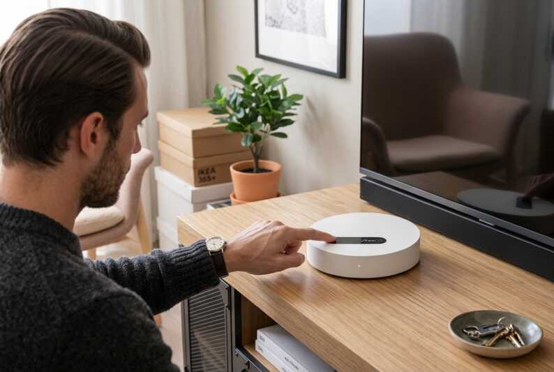 Un homme utilise une Freebox Pop posée sur un meuble dans un intérieur de style Ikea.