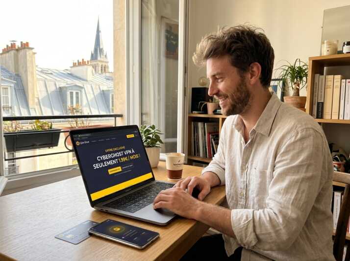 Un homme utilise un ordinateur portable sur une table devant une fenêtre avec vue sur les toits de Paris.