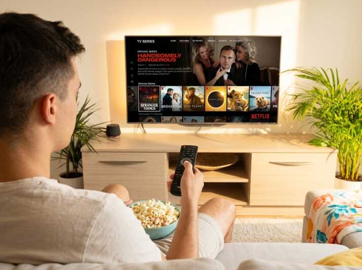 Un homme assis sur un canapé tient une télécommande devant un écran affichant l'interface de Netflix.