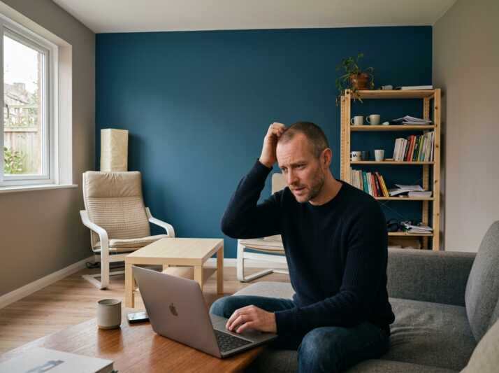 Homme assis sur un canapé devant un ordinateur portable dans un salon avec un mur bleu et une étagère en bois.