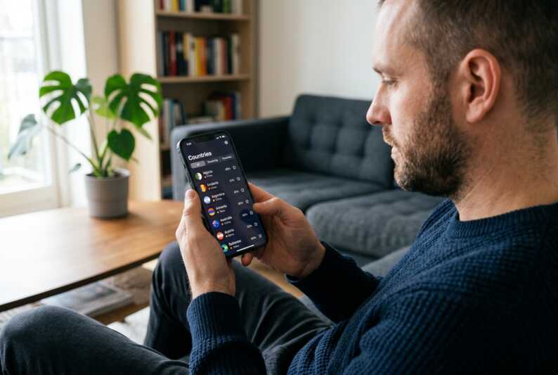 Un homme regarde l'application CyberGhost affichée sur l'écran de son smartphone.