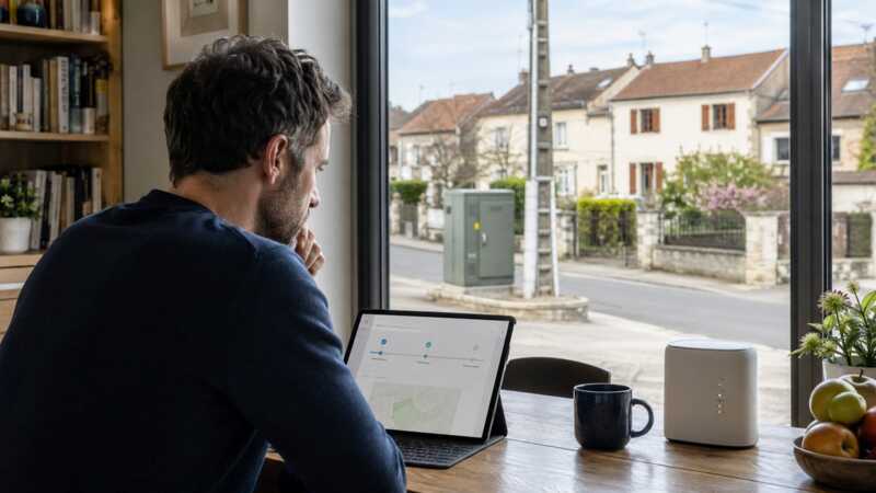 Homme consultant l’avancement du déploiement de la fibre à son adresse depuis son domicile