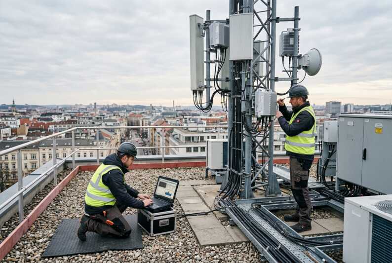 Deux techniciens télécoms effectuant une maintenance sur des antennes relais sur le toit d'un immeuble.