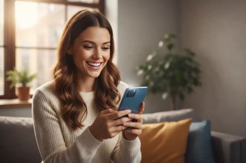 Une femme est satisfaite de son forfait 5G
