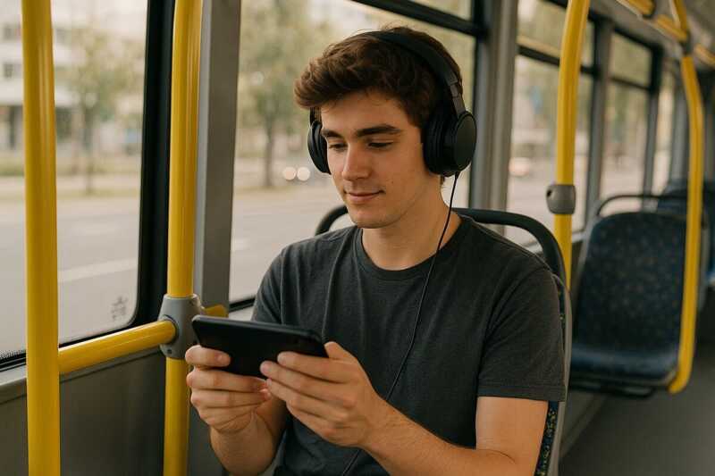Un jeune homme regarde son téléphone dans le bus