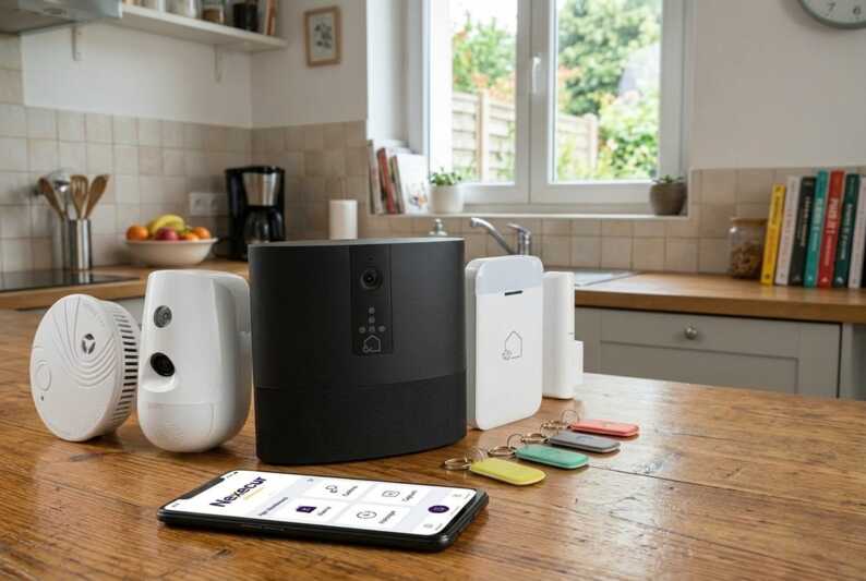 Kit d'alarme Nexecur avec centrale, caméras, détecteurs et smartphone affichant l'application sur une table de cuisine.