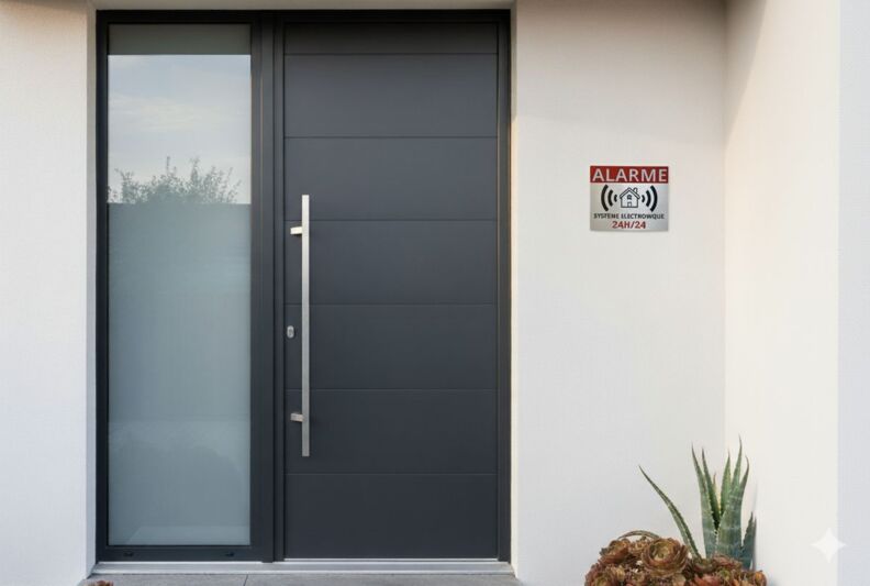 Une plaque "alarme" est posée près de la porte d'entrée de cette maison