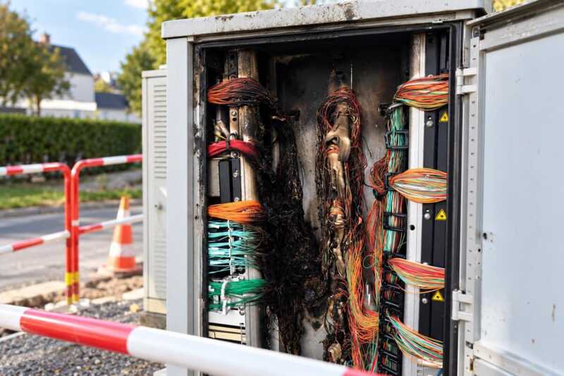 Les jarretières de fibre optique sont brulées dans une armoire de rue