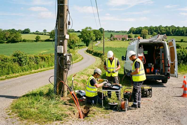 Trois techniciens réparent un fourreau de fibre optique près d'un poteau et d'une camionnette.