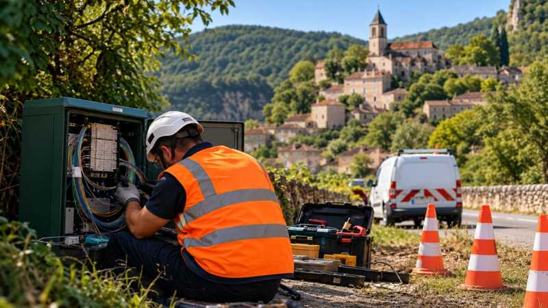 Un technicien branche des câbles de fibre optique sur un PMZ en bord de route