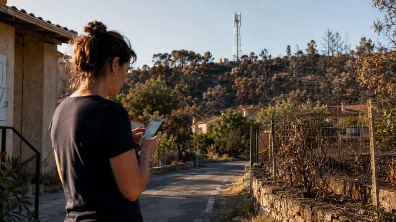Une femme vérifie que son smartphone capte le signal de son opérateur mobile en dehors de sa maison