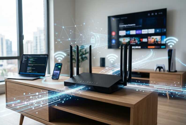 Routeur VPN noir avec antennes sur un meuble, entouré de flux lumineux connectant des appareils domestiques.