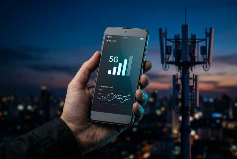 Main tenant un smartphone affichant un signal mobile et un graphique de latence devant une antenne-relais floue.