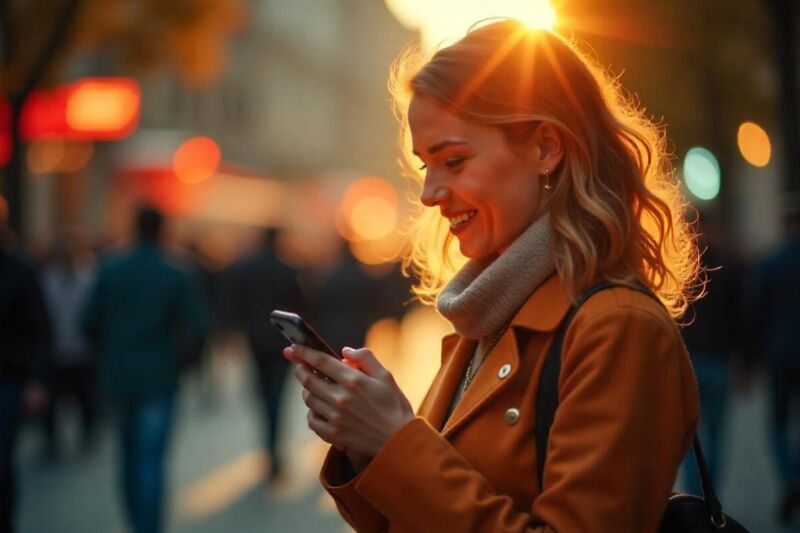 femme regarde son téléphone devant coucher de soleil