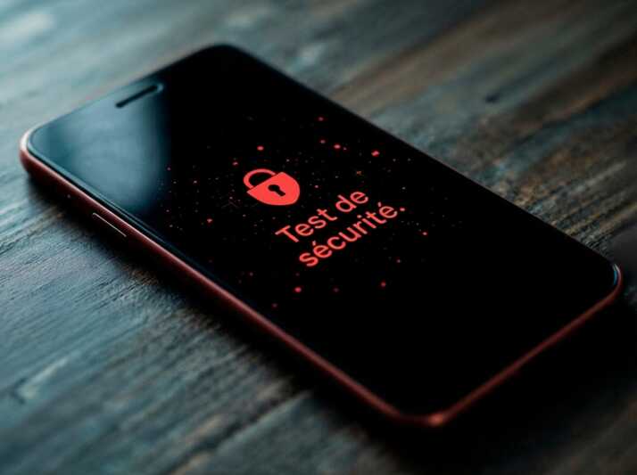Smartphone affichant un cadenas rouge et le texte Test de sécurité sur un écran noir.