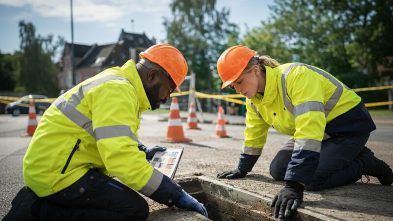 Des techniciens inspectent un fourreau télécom dans la rue
