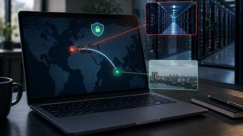 Illustration réaliste d’un ordinateur affichant une carte du monde et une connexion VPN entre l’Afrique de l’Ouest et l’Europe, avec un serveur distant mis en évidence dans un datacenter.