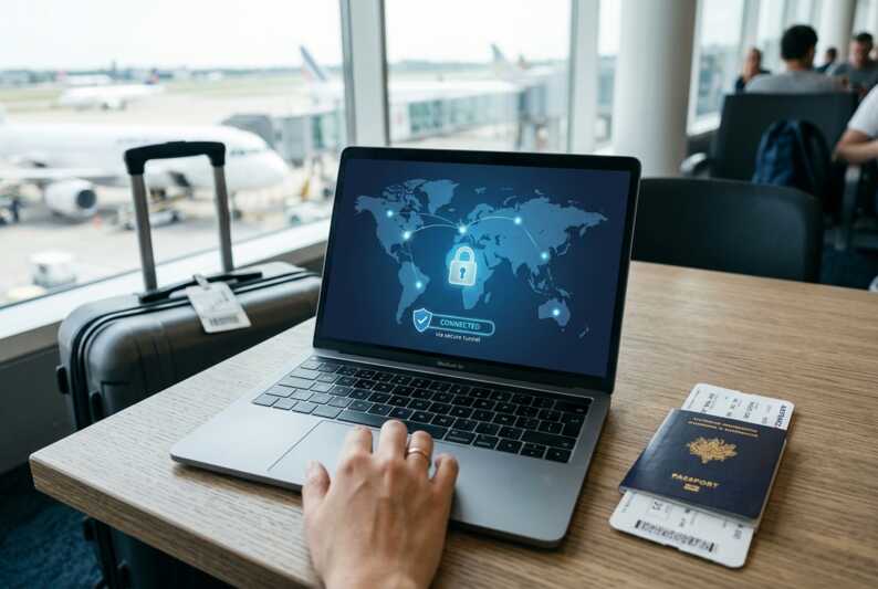 Ordinateur portable affichant une connexion VPN sécurisée avec une carte du monde, un passeport et un billet d'avion.