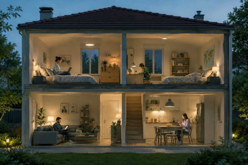 Une maison avec plusieurs membres de la familel qui utilisent simultanément la connexion Wi-Fi
