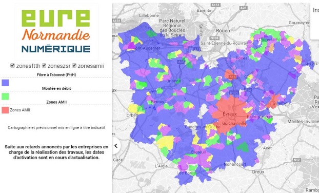 Eure : carte du d&eacute;ploiement de la fibre