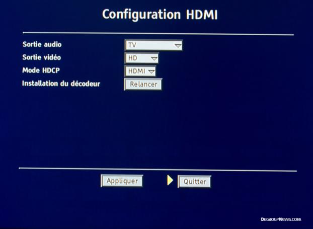 Menu HDMI du d&eacute;codeur