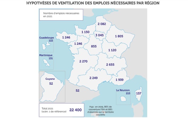 Les emplois &agrave; pourvoir dans la fibre par d&eacute;partement d'ici &agrave; 2021